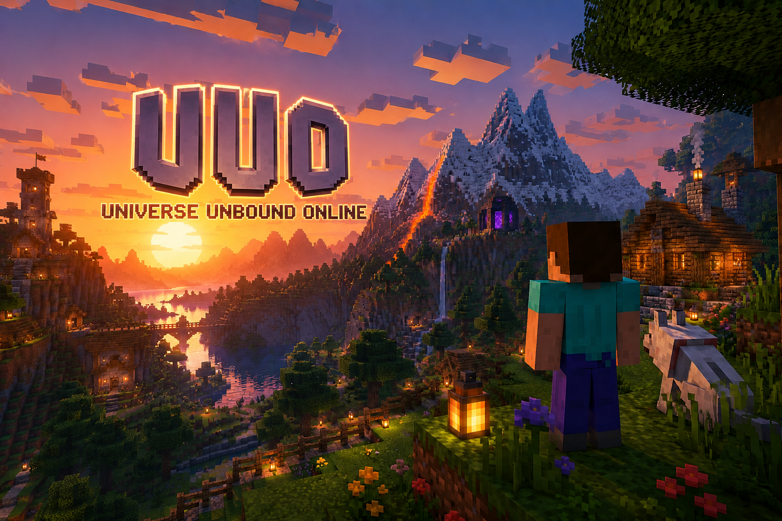 UUO Universe Unbound Online artwork overlooking a Minecraft mountain valley