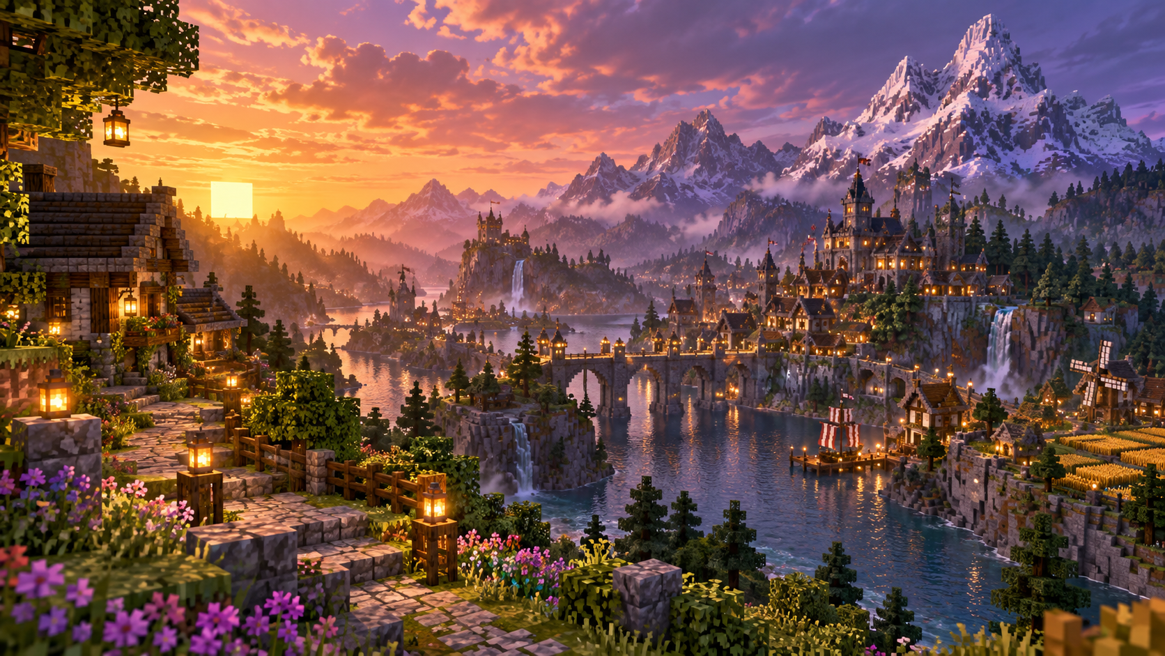 Illustrated Minecraft valley with a lantern-lit village, river and snowy mountains at sunset